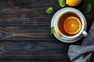 AI generated A cup of tea with lemon high angle view on a dark wooden background space for text. photo