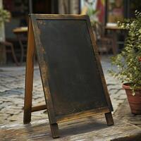 AI generated Empty sandwich board for a menu and a chalk drawing. photo