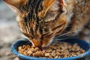 ai generado de cerca de gato comiendo seco comida desde bol. foto