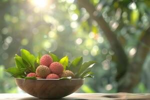 AI generated Front view of fresh ripe lychee fruit and peeled lychee with green leaves on wooden bowl and blur garden background. photo