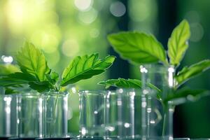 ai generado biotecnología concepto con verde planta hojas, laboratorio cristalería, y conductible investigación foto