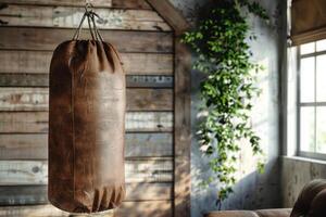 ai generado marrón puñetazos bolso colgando en habitación. deporte, activo estilo de vida y sano conceptos. foto