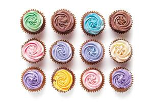 AI generated Top view on set of vanilla cupcakes with colorful buttercream tops isolated on white background. photo