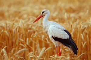 AI generated Stork on the wheat field. Ciconia ciconia. photo