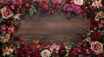 AI generated Floral arrangement on wooden background photo