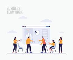 Business teamwork office workers take part in meeting or work negotiating landing page concept vector