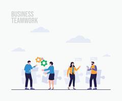 Teamwork discussion with People connecting puzzle elements landing page illustration vector