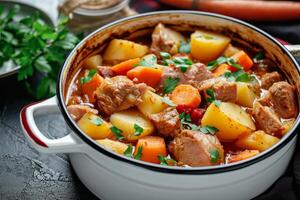 AI generated Meat stewed with potatoes, carrots and spices in pot on wooden background photo