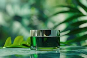 AI generated Face cream moisturizer jar in green garden. Natural herbal skincare photo