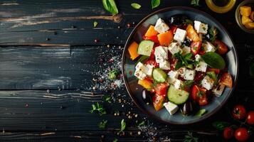 AI generated Fresh homemade vegetable salad with feta cheese and olives on a dark wooden background. photo