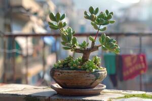 AI generated Green portulacaria afra in brown pot. photo
