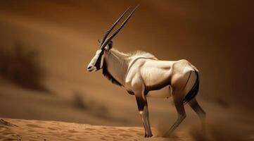 AI generated Arabian oryx antelope standing in the middle of a desert photo