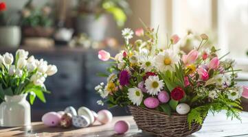 AI generated An Easter flower arrangement bouquet in a basket with Easter eggs stands on the festive dining table on Easter morning. photo