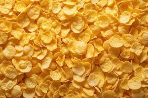 AI generated Golden cornflakes background and texture View from above cornflakes healthy breakfast photo