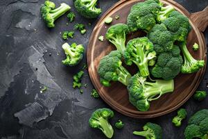 AI generated Close-up photo of cut broccoli placed on an old wooden background.