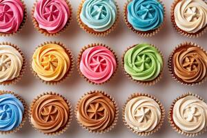 AI generated Top view on set of vanilla cupcakes with colorful buttercream tops isolated on white background. photo