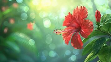 AI generated Red hibiscus flower on a green background. In the tropical garden. photo