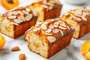 AI generated Pound cake with slivered almonds on top, apricots in background, on a white marble background photo