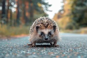 AI generated Hedgehog standing on the road near forest at early morning or evening time. Road hazards, wildlife and transport. - photo