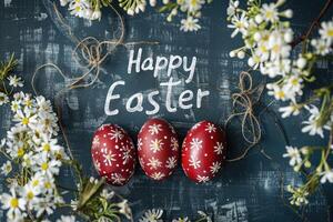 AI generated Easter dark red eggs and spring white flowers photo