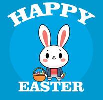 Cute rabbit with basket of eggs, illustration, with the text, Happy Easter, vector illustration