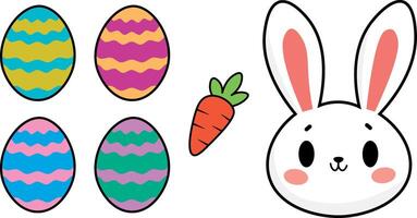 Illustrations of Easter items, with rabbit, carrot and chocolate Easter eggs vector