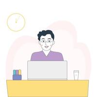 A man works at a computer. Flat illustration in a minimalist style. vector