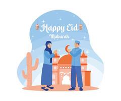 Muslim men and women say Eid al-Fitr greetings. Standing with mosque decorations, cacti and lanterns. Happy Eid Mubarak concept. Flat vector illustration.