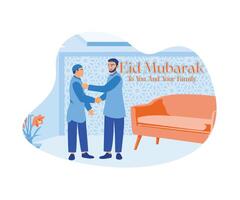 Two Muslim men are saying Eid al-Fitr greetings. Shake hands and forgive each other for mistakes. Happy Eid Mubarak concept. Flat vector illustration.