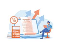 Online tax collection vector illustration. Businessman sitting in front of laptop calculating income and checking tax virtual documents. Tax payment preparation. Tax Audit concept.