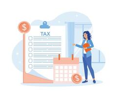 Tax audit vector illustration. The businesswoman is checking the tax payment date. Tax payment preparation. Fiscal year. Tax Audit concept. Flat vector illustration.