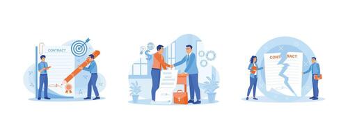 Businessman signing a business contract. Shaking hands after signing a business contract. Cancel the business contract. Contract agreement concept. Set Flat vector illustration.