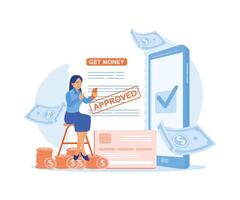 mujer utilizar en línea bancario servicios en móvil Los telefonos. obtener un dinero préstamo vía un teléfono inteligente solicitud. aprobado préstamo concepto. plano vector ilustración.