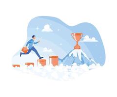 A businessman jumps on a graph towards a trophy at a mountain peak. Creating a business for success. Success Business concept. Flat vector illustration.