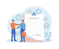 Two businessmen shaking hands after signing a business contract on paper. Contract agreement concept. Flat vector illustration.