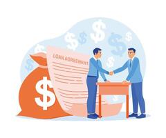 Businessman borrows money from banks. Shake hands after signing a loan agreement. Approved Loan concept. Flat vector illustration.