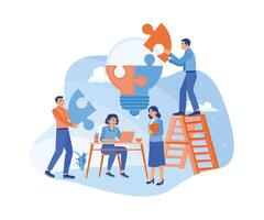 Managers and coworkers look for new ideas and solutions in the company. Putting together a puzzle solves the problem. Business Idea concept. Flat vector illustration.