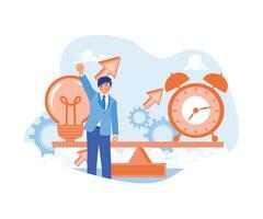 Scale with light bulb and alarm clock on top. Men measure the balance between time and solution ideas. Business Idea concept. Flat vector illustration.