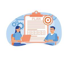 The businessman and assistant are discussing the business plan in a meeting room. Filling out a business plan for success. Business Plan concept. Flat vector illustration.