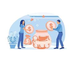 Man and woman put money into a glass jar. Save and invest together. Saving money concept. Flat vector illustration.