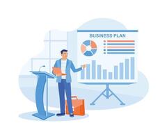 empresario haciendo negocio plan presentación en oficina. mostrando el negocio plan en el tablero. negocio plan concepto. plano vector ilustración.