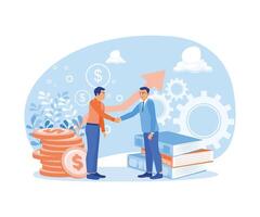 Two businessmen are shaking hands making a financial deal. Happy man investing in a startup idea. Investment concept. Flat vector illustration.