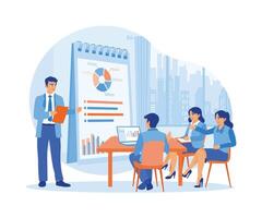 Male businessman presenting the new project with the business team. Discuss and exchange ideas with each other. Business Meeting concept. Flat vector illustration.