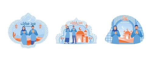 Muslim couple saying Eid al-Fitr greetings. Standing with mosque decorations and lanterns. Forgive each other during Eid. Happy Eid Mubarak concept. Set flat vector illustration.