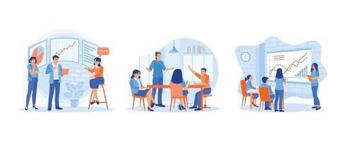 Business people are holding a presentation. Discuss and exchange ideas during meetings. Displays graphs and financial reports. Business Meeting concept. Set flat vector illustration.