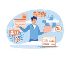 Content production without SEO content audit. Men create digital promotion strategies and content production. Blog Promotion concept. Flat vector illustration.