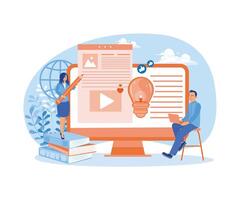 Women write articles. Man with a laptop creating content with creative ideas. Blog Creation concept. Flat vector illustration.