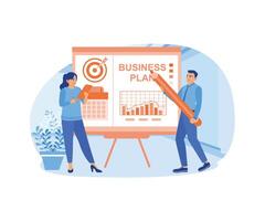 The manager and assistant hold a business plan presentation for the work team. Business strategy to achieve targets. Business Plan concept. Flat vector illustration.