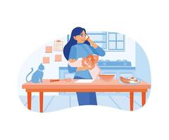 A busy mother at home. Taking care of a baby, cooking, and doing a lot of work simultaneously. Multitasking Work concept. Flat vector illustration.