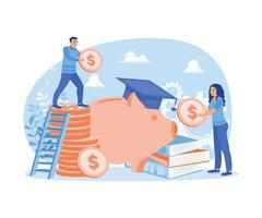 masculino y hembra estudiantes salvar en cerdito bancos. planificación educación fondos para el futuro. ahorro dinero concepto. plano vector ilustración.